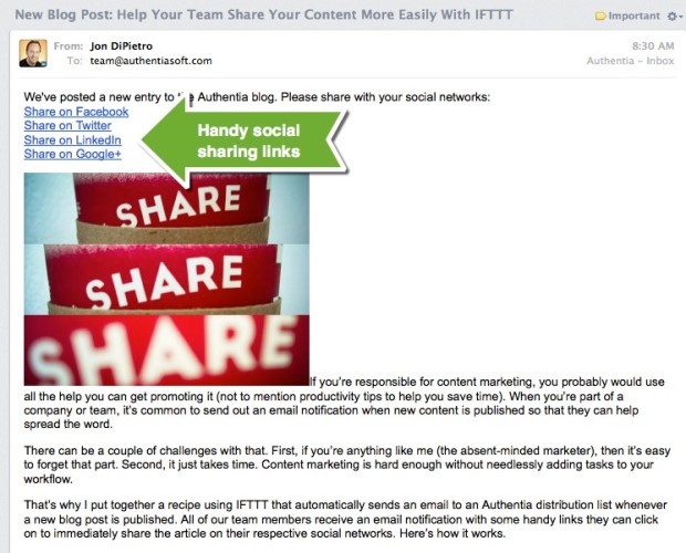 blog notification email with social sharing links